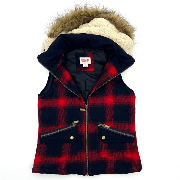 Mossimo Navy Burgundy Plaid Sherpa Faux Fur Fall Vest Size Small Zippered Hood - Picture 1 of 8